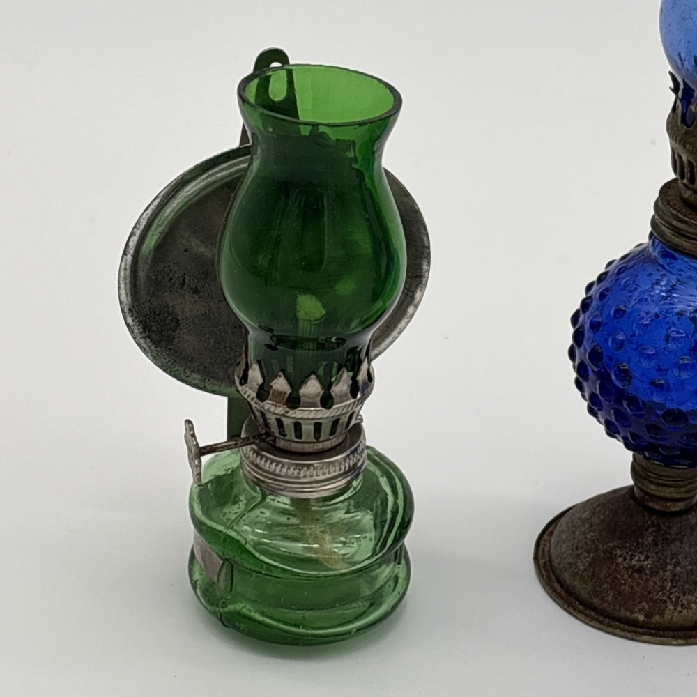 Vintage Miniature Colored Glass Oil Lamps Set Cobalt Hobnail Green Blue Lot of 3 - Picture 3 of 11